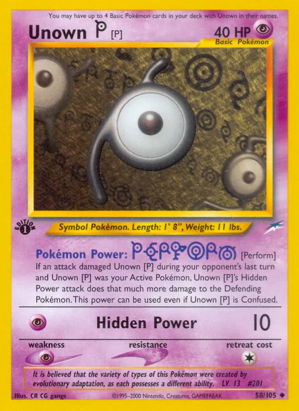 Carta Unown [P], número 58/105 da coleção Neo Destiny