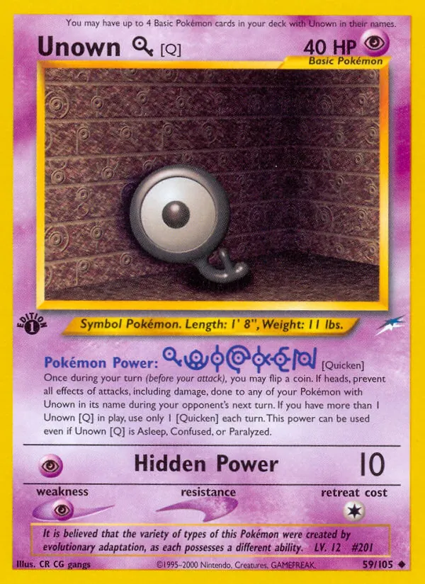 Carta Unown [Q], número 59/105 da coleção Neo Destiny