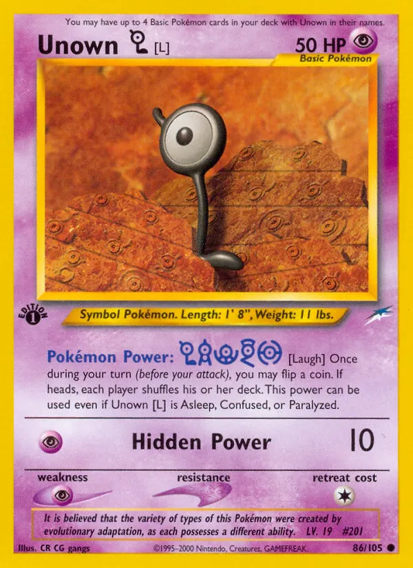 Carta Unown [L], número 86/105 da coleção Neo Destiny