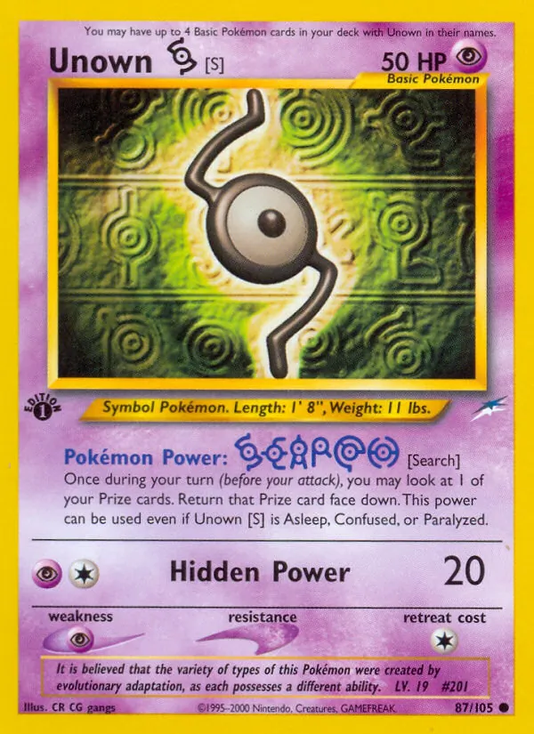 Carta Unown [S], número 87/105 da coleção Neo Destiny