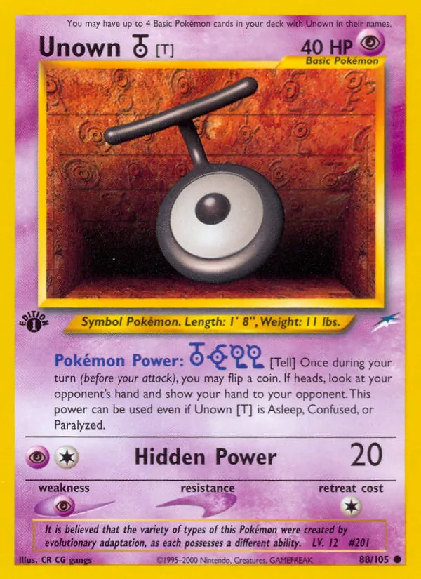 Carta Unown [T], número 88/105 da coleção Neo Destiny