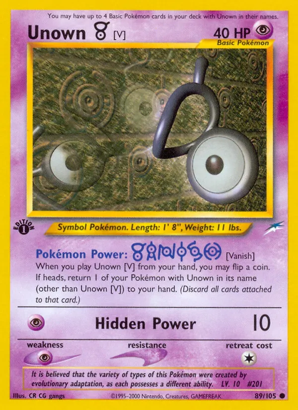 Carta Unown [V], número 89/105 da coleção Neo Destiny