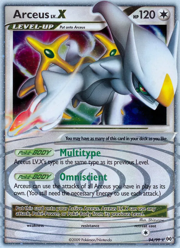 Carta Arceus LV.X, número 94/99 da coleção Arceus