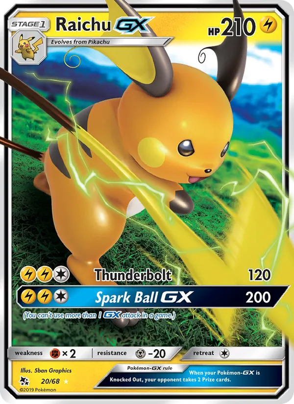 Carta Raichu GX, número 20/68 da coleção Destinos Ocultos