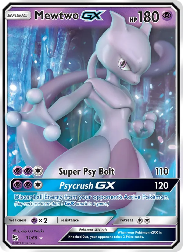 Carta Mewtwo GX, número 31/68 da coleção Destinos Ocultos