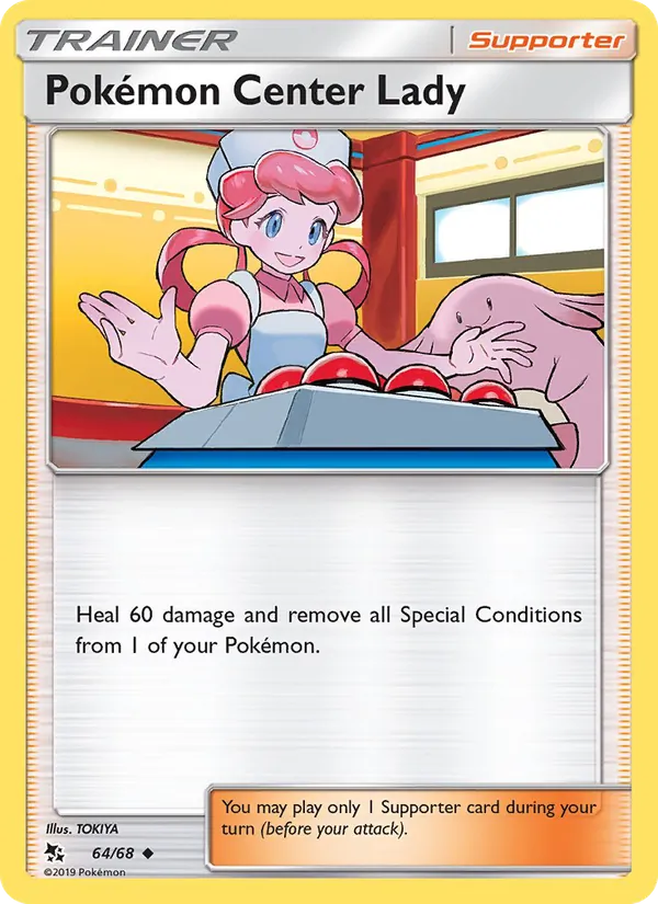 Carta Pokémon Center Lady, número 64/68 da coleção Destinos Ocultos