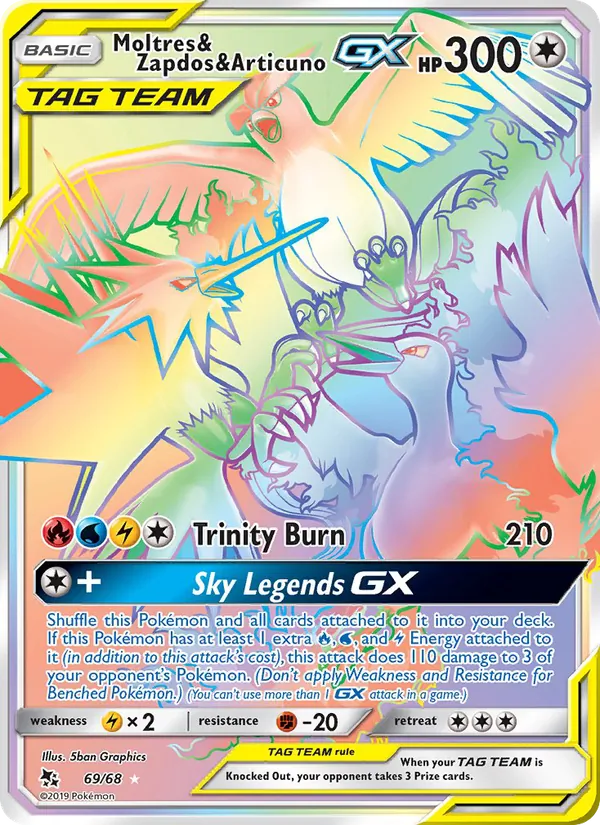 Carta Moltres & Zapdos & Articuno GX, número 69/68 da coleção Destinos Ocultos