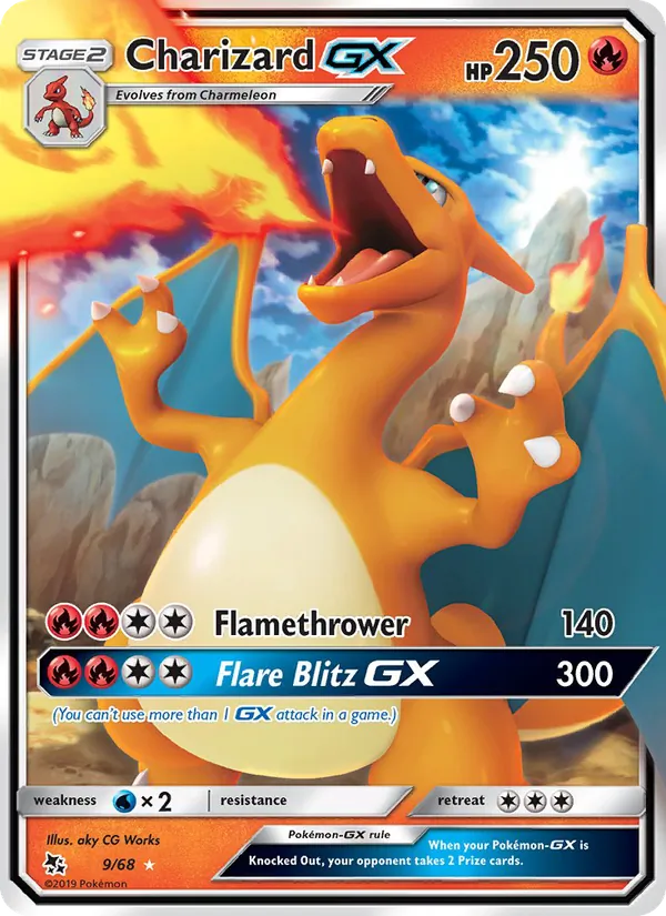 Carta Charizard GX, número 9/68 da coleção Destinos Ocultos