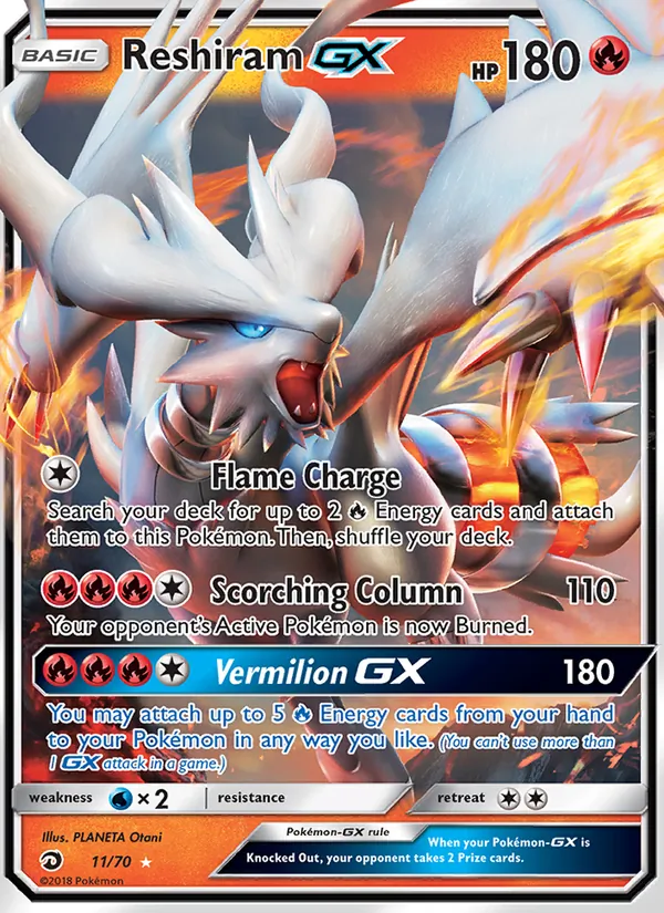 Carta Reshiram GX, número 11/70 da coleção Dragões Soberanos