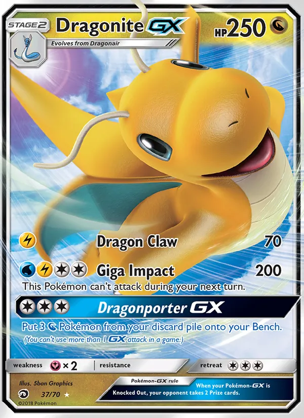 Carta Dragonite GX, número 37/70 da coleção Dragões Soberanos