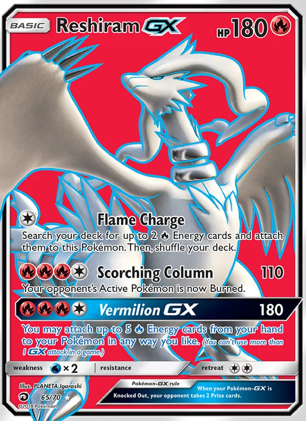 Carta Reshiram GX, número 65/70 da coleção Dragões Soberanos