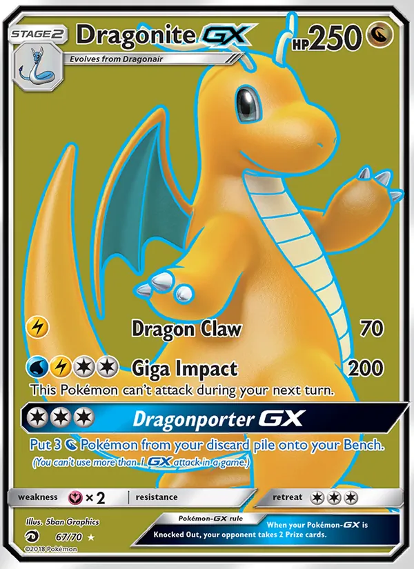 Carta Dragonite GX, número 67/70 da coleção Dragões Soberanos