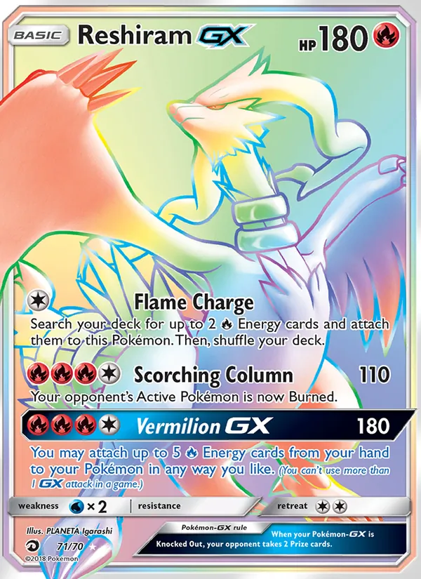 Carta Reshiram GX, número 71/70 da coleção Dragões Soberanos