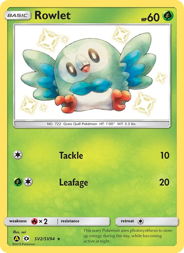 Carta Rowlet, número SV2/94 da coleção Destinos Ocultos Cofre Brilhante
