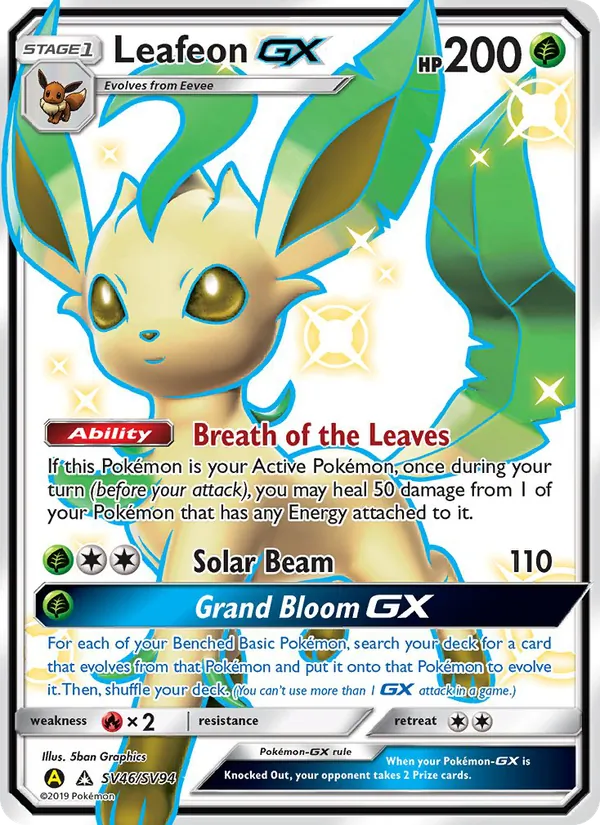 Carta Leafeon-GX, número SV46/94 da coleção Destinos Ocultos Cofre Brilhante