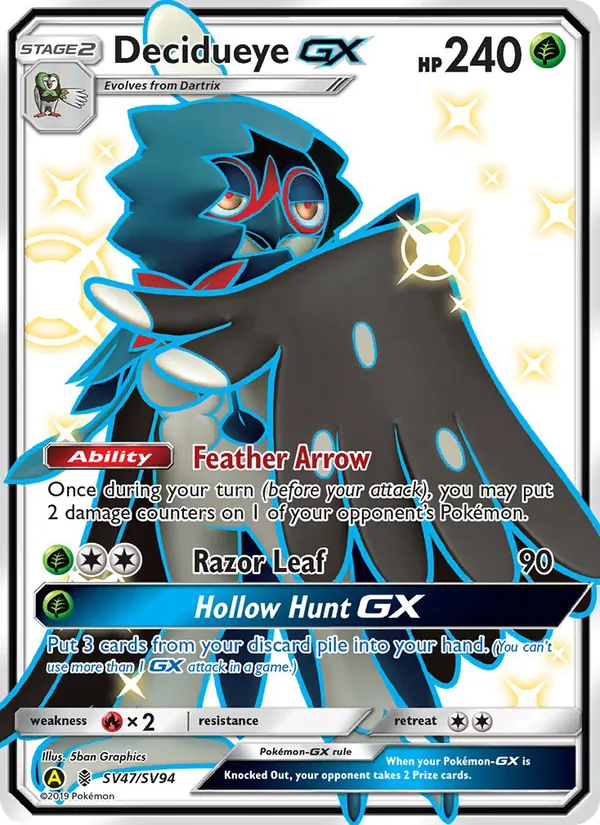 Carta Decidueye-GX, número SV47/94 da coleção Destinos Ocultos Cofre Brilhante