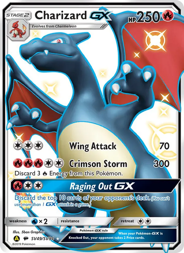 Carta Charizard-GX, número SV49/94 da coleção Destinos Ocultos Cofre Brilhante