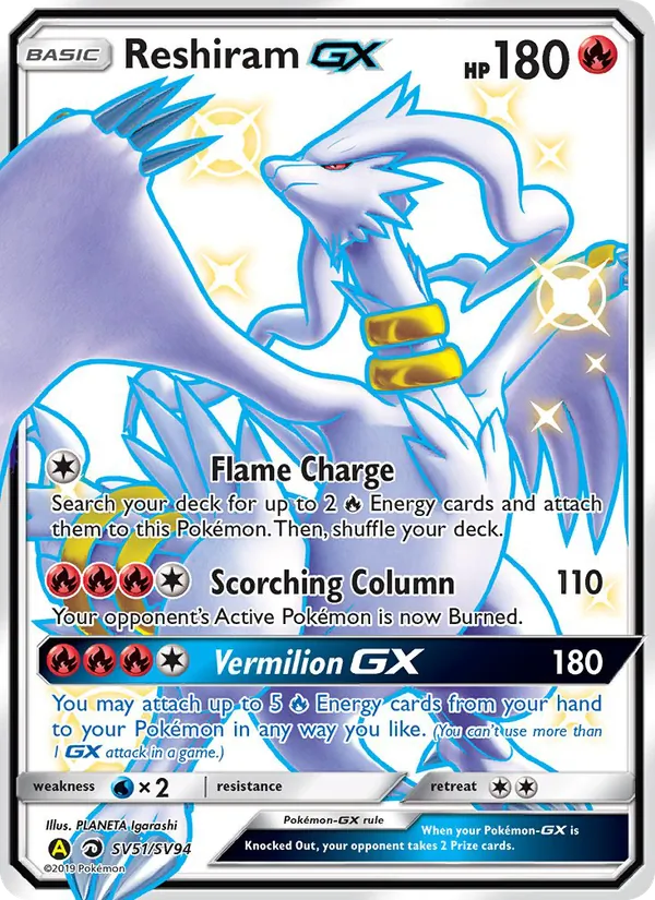 Carta Reshiram-GX, número SV51/94 da coleção Destinos Ocultos Cofre Brilhante