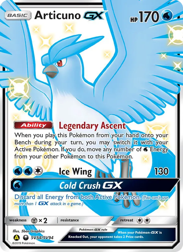 Carta Articuno-GX, número SV54/94 da coleção Destinos Ocultos Cofre Brilhante