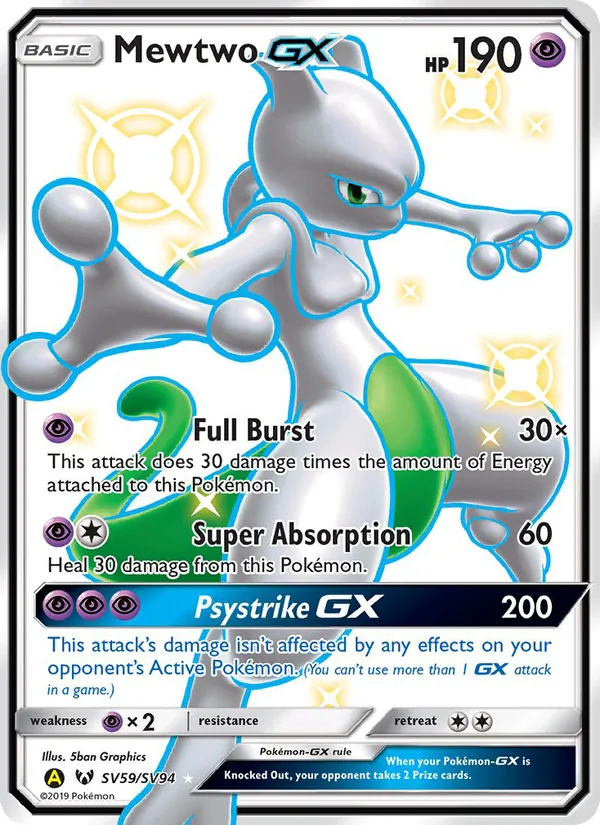 Carta Mewtwo-GX, número SV59/94 da coleção Destinos Ocultos Cofre Brilhante