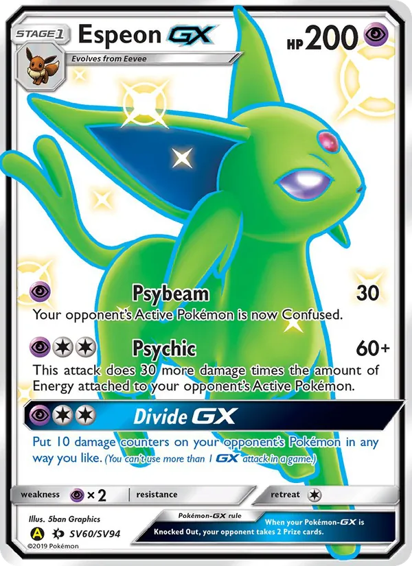 Carta Espeon-GX, número SV60/94 da coleção Destinos Ocultos Cofre Brilhante