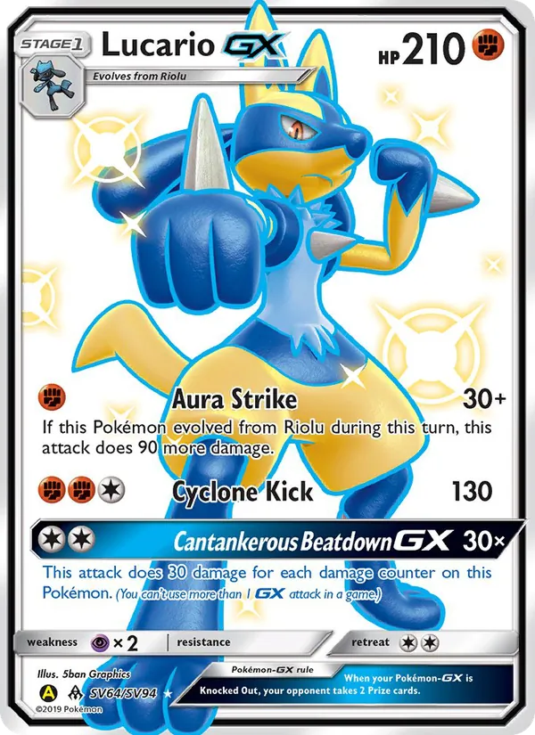 Carta Lucario-GX, número SV64/94 da coleção Destinos Ocultos Cofre Brilhante
