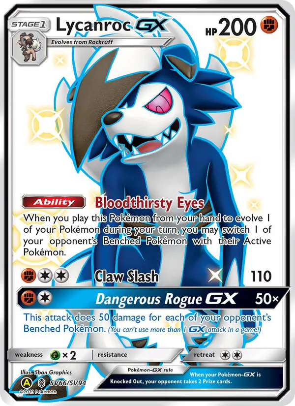 Carta Lycanroc-GX, número SV66/94 da coleção Destinos Ocultos Cofre Brilhante