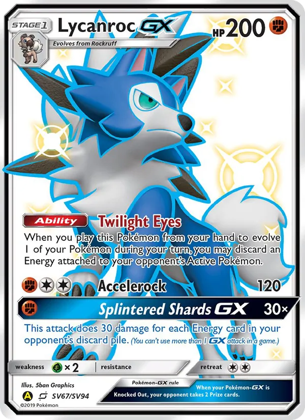Carta Lycanroc-GX, número SV67/94 da coleção Destinos Ocultos Cofre Brilhante