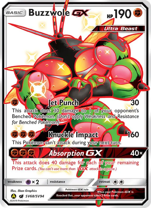 Carta Buzzwole-GX, número SV68/94 da coleção Destinos Ocultos Cofre Brilhante