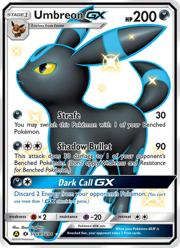 Carta Umbreon-GX, número SV69/94 da coleção Destinos Ocultos Cofre Brilhante