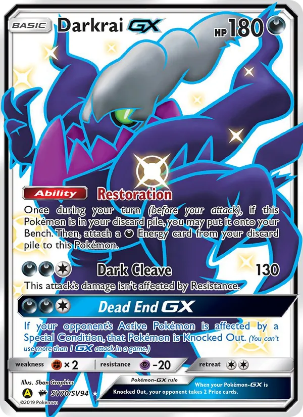 Carta Darkrai-GX, número SV70/94 da coleção Destinos Ocultos Cofre Brilhante
