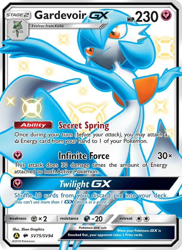 Carta Gardevoir-GX, número SV75/94 da coleção Destinos Ocultos Cofre Brilhante