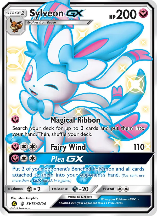 Carta Sylveon-GX, número SV76/94 da coleção Destinos Ocultos Cofre Brilhante