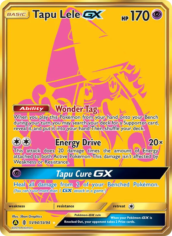 Carta Tapu Lele-GX, número SV94/94 da coleção Destinos Ocultos Cofre Brilhante