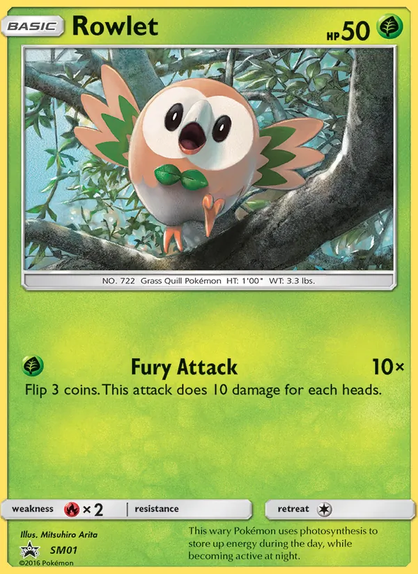Carta Rowlet, número SM01/248 da coleção Sol e Lua Promos