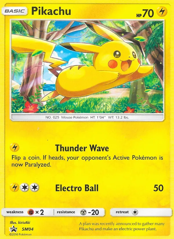 Carta Pikachu, número SM04/248 da coleção Sol e Lua Promos