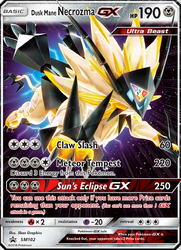 Carta Necrozma Juba Crepúsculo GX, número SM102/248 da coleção Sol e Lua Promos
