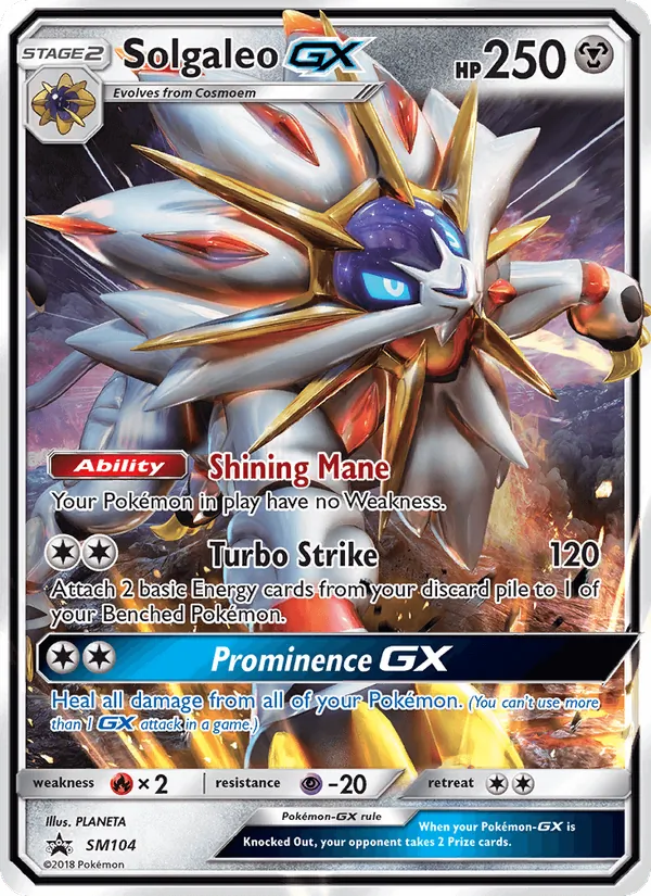 Carta Solgaleo GX, número SM104/248 da coleção Sol e Lua Promos