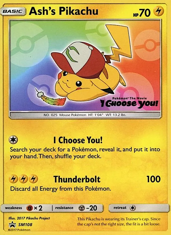 Carta Ash's Pikachu, número SM108/248 da coleção Sol e Lua Promos