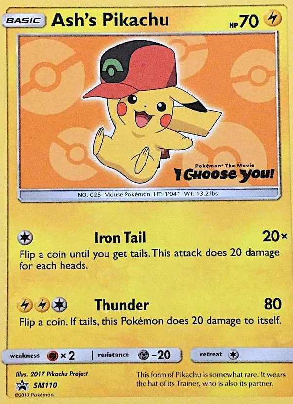 Carta Ash's Pikachu, número SM110/248 da coleção Sol e Lua Promos