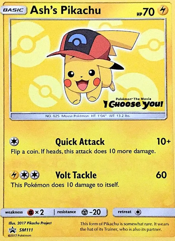 Carta Ash's Pikachu, número SM111/248 da coleção Sol e Lua Promos