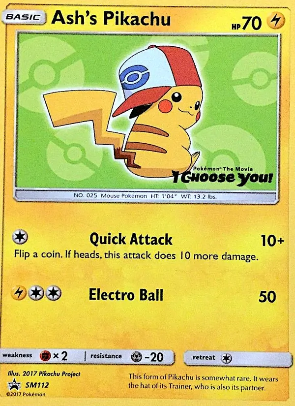 Carta Ash's Pikachu, número SM112/248 da coleção Sol e Lua Promos