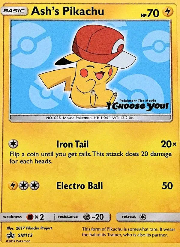 Carta Ash's Pikachu, número SM113/248 da coleção Sol e Lua Promos