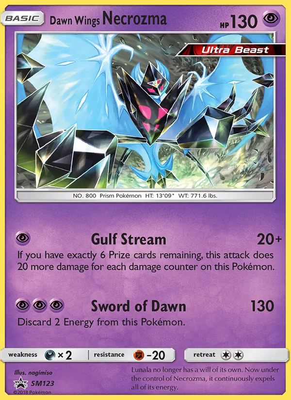 Carta Necrozma Asas Alvorada, número SM123/248 da coleção Sol e Lua Promos