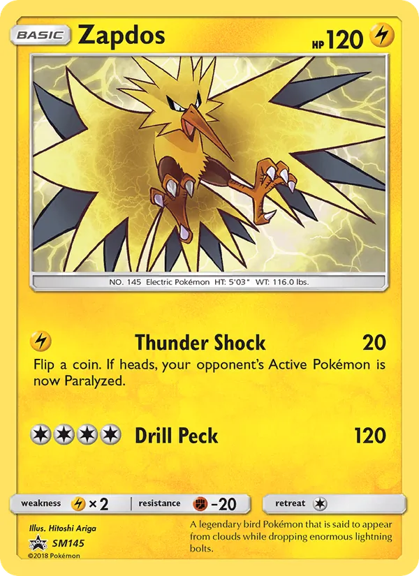 Carta Zapdos, número SM145/248 da coleção Sol e Lua Promos