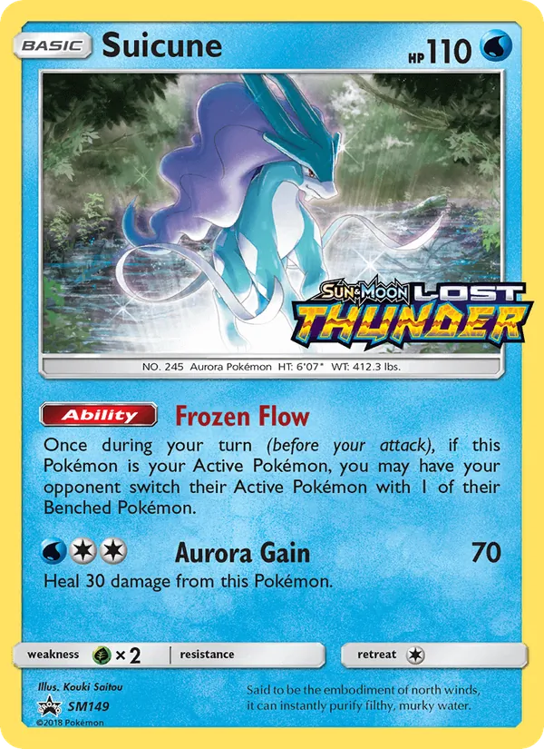 Carta Suicune, número SM149/248 da coleção Sol e Lua Promos