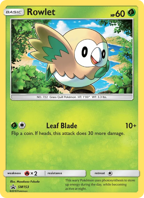 Carta Rowlet, número SM153/248 da coleção Sol e Lua Promos