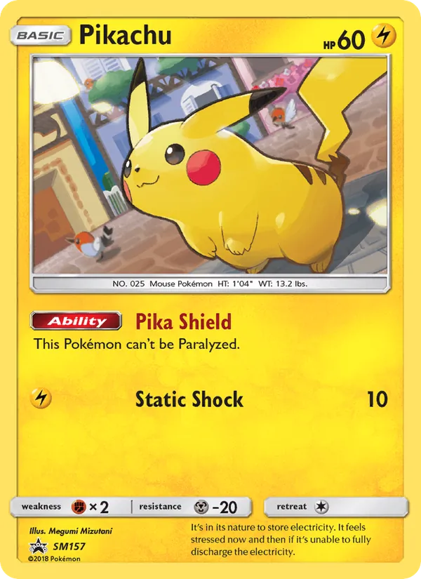 Carta Pikachu, número SM157/248 da coleção Sol e Lua Promos