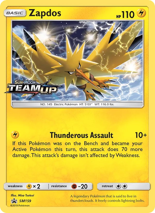 Carta Zapdos, número SM159/248 da coleção Sol e Lua Promos