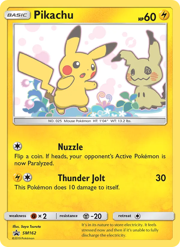 Carta Pikachu, número SM162/248 da coleção Sol e Lua Promos